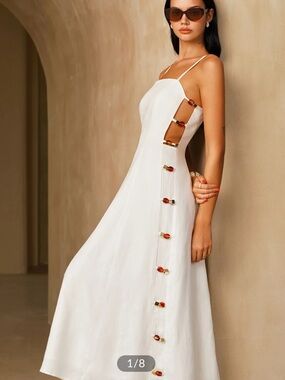 Commense White Linen-Blend Cami Midi Dress with Amber Side Accents